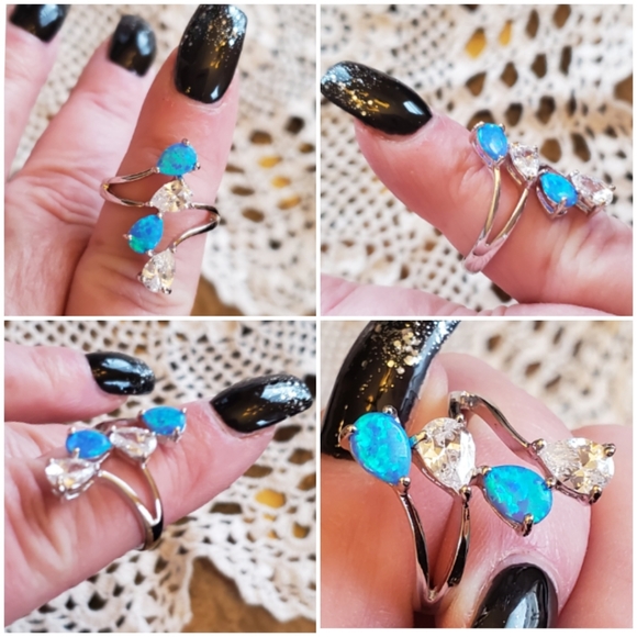 Genuine Blue Fire Opal/White Topaz Ring Size 9 - Picture 4 of 8